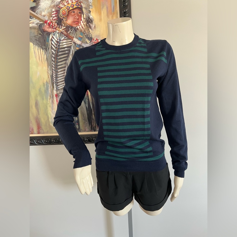 Valentino Navy Crewneck Sweater with Teal Stripes – No Size Tag (Fits XS–S) - Picture 5 of 12